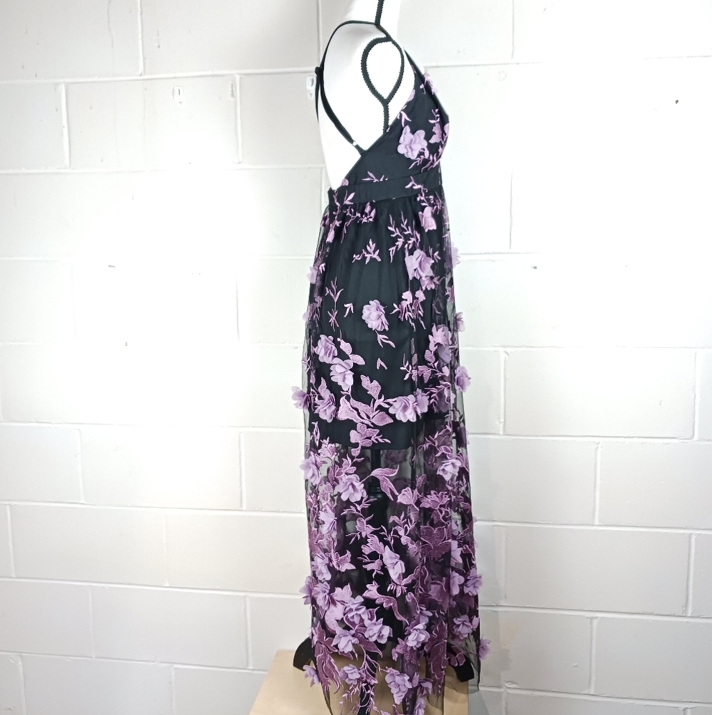Venus Womens Lavender Black Floral 3-D Applique‎ Mesh Layered Maxi Dress Size 8 - Picture 7 of 11